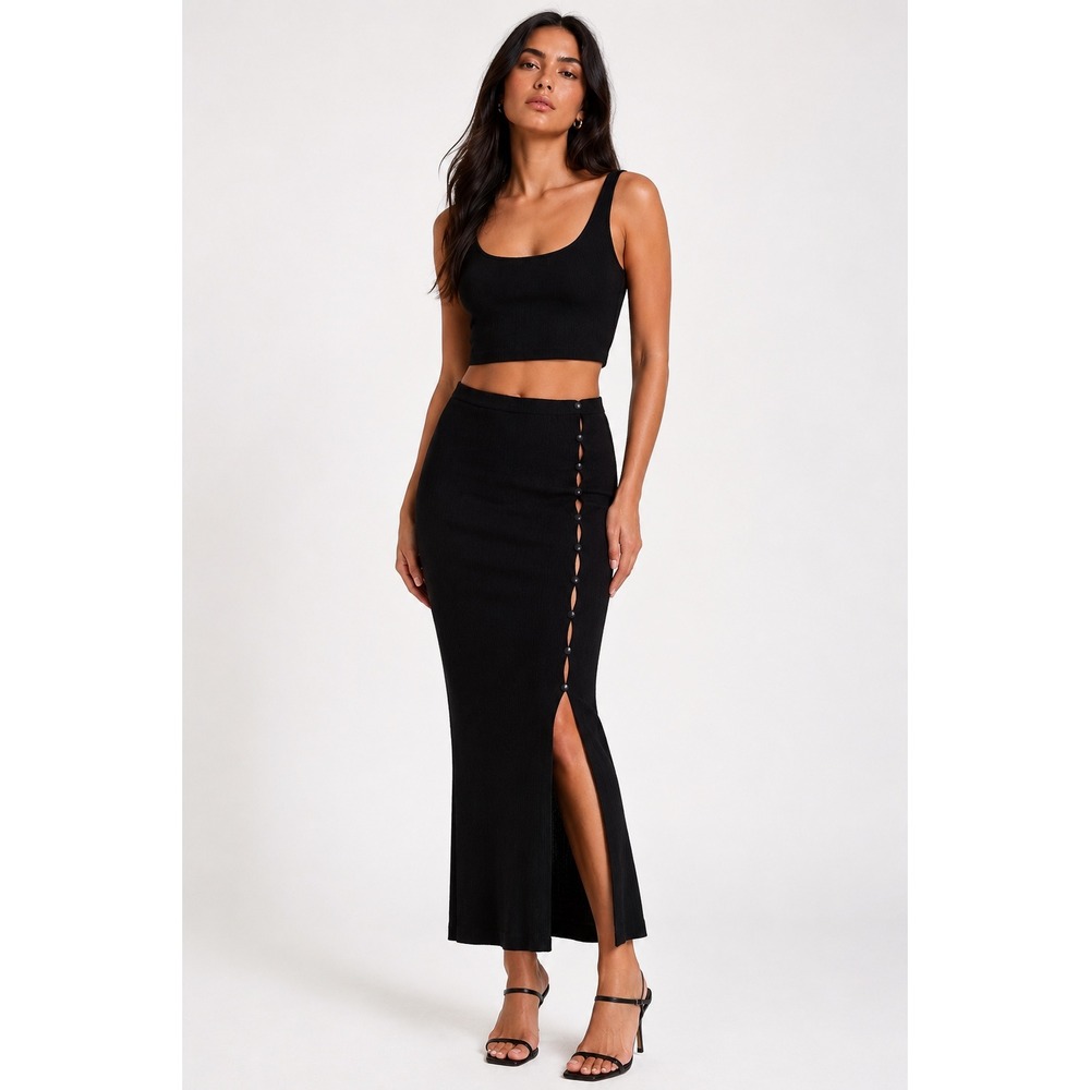 Hours Black Ribbed Midi‎ Skirt Button Side Slit Stretch Size S NWT